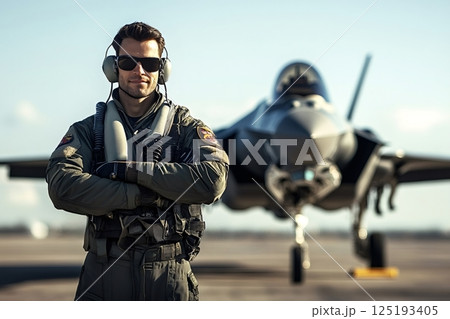 Confident fighter pilot posing with f-35 lightning ii jet 125193405