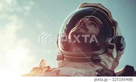 Astronaut wearing helmet and looking up at sky 125193406