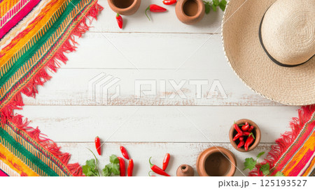 Cinco de Mayo festive frame with chili peppers, sombrero, clay pots and copy space background 125193527