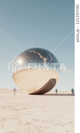 UFO hovering above desert landscape with silhouetted figures beneath, background 125193580