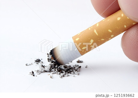 Fingers holding burning cigarette with ash on white background 125193662
