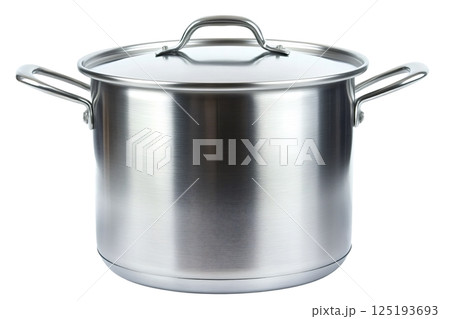 Large stainless steel cooking pot with lid and handles on white background 125193693