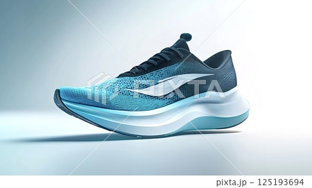Modern teal and black running shoe floating on white background 125193694