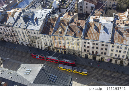 View from above on the main square of Lviv. Tram goes through the old city View from above on the main square of Lviv. Tram goes through the old city 125193741