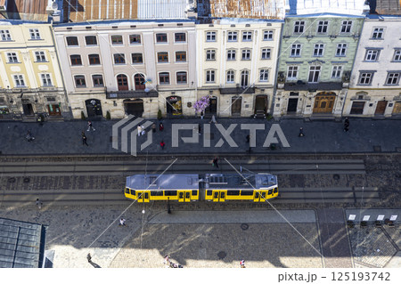 View from above on the main square of Lviv. Tram goes through the old city 125193742