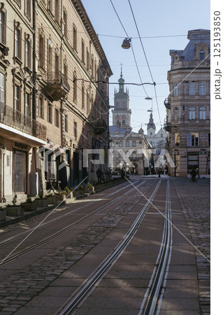 The main square of Lviv and tram tracks 125193850