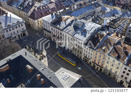 View from above on the main square of Lviv. Tram goes through the old city View from above on the main square of Lviv. Tram goes through the old city 125193877