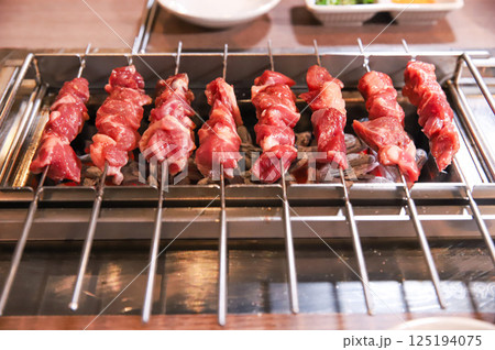 Chinese food. Grilled lamb skewers.	 Chinese food. Grilled lamb skewers.	 125194075