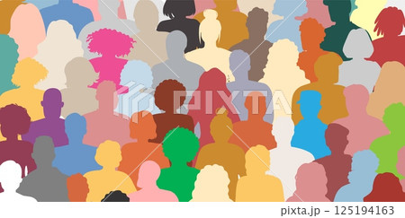 Silhouettes of individuals in diverse colors fill the scene, reflecting a lively atmosphere of unity and community during a festive event or gathering in a joyful setting 125194163