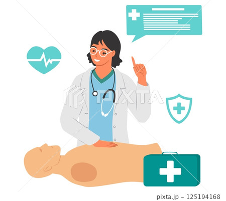 A medical professional demonstrates crucial artificial respiration techniques, emphasizing their importance in emergency care, while a patient mannequin is positioned for practice 125194168