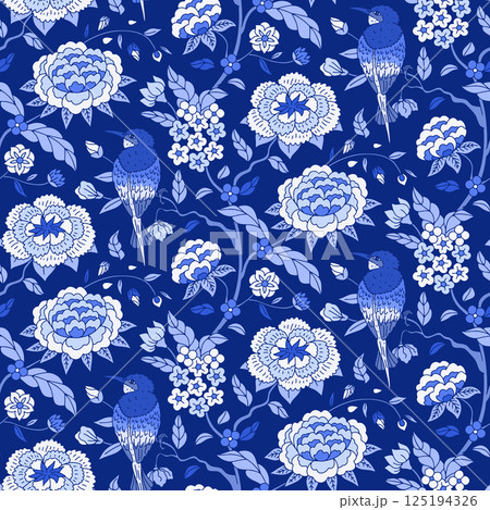 Seamless pattern with monochrome blue chinoiserie hand drawn flowers and birds silhouettes. Floral wallpaper with chinese style trailing branches Seamless pattern with monochrome blue chinoiserie hand drawn flowers and birds silhouettes. Floral wallpaper with chinese style trailing branches 125194326