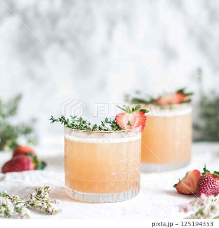 Refreshing strawberry cocktails garnished with herbs on elegant white background. 125194353