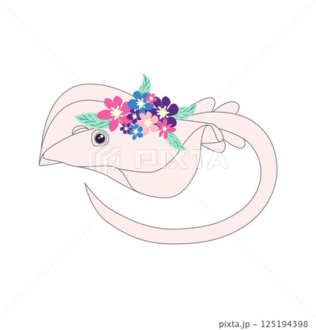 Underwater inhabitants in boho style. Vector illustration animals with flowers. Whale, dolphin, jellyfish, seahorse, turtle, shark, octopus, crab, snail, stingray, fish Underwater inhabitants in boho style. Vector illustration animals with flowers. Whale, dolphin, jellyfish, seahorse, turtle, shark, octopus, crab, snail, stingray, fish 125194398