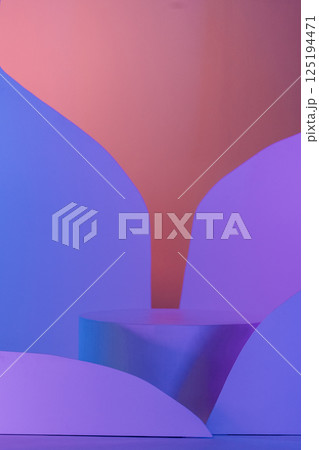 A stage for cosmetic products with soft blue and pink light. A vibrant empty modern podium for goods. 125194471