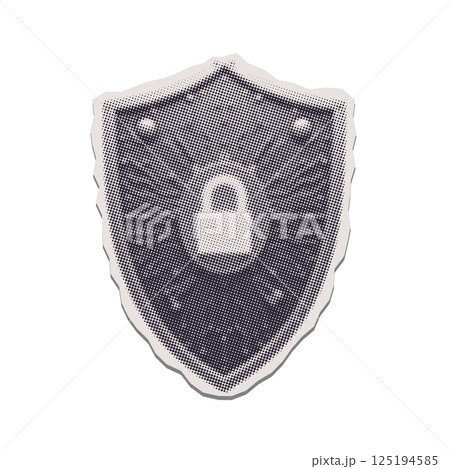 Shield with digital lock - torn out isolated paper sticker. Concept of cybersecurity and personal data protection. Trendy pop art collage search concept. Modern retro textured vector illustration 125194585