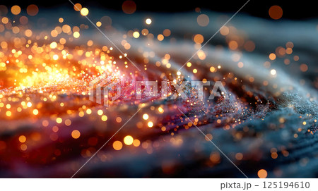 Glowing light particles swirl in an abstract spiral motion, with golden tones on a dark background, evoking a cosmic or fiber optic feel Glowing light particles swirl in an abstract spiral motion, with golden tones on a dark background, evoking a cosmic or fiber optic feel 125194610
