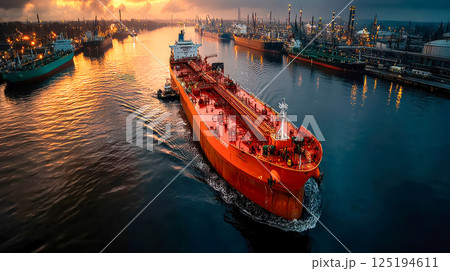 Aerial view of a large red oil tanker navigating through an industrial port at sunset, with surrounding ships, cranes, and oil infrastructure 125194611