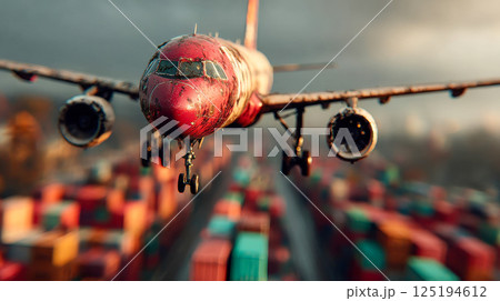 Weathered red airplane flying low above colorful stacked cargo containers in a port area, with dramatic lighting and cinematic atmosphere 125194612