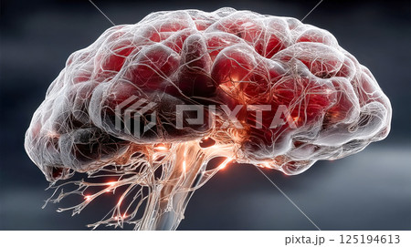 Hyperrealistic image of a translucent brain with glowing neuron pathways and electric signals, floating against a dark background, symbolizing intelligence 125194613