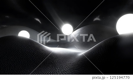 A black and white image of a hillside with three white spheres on it 125194770