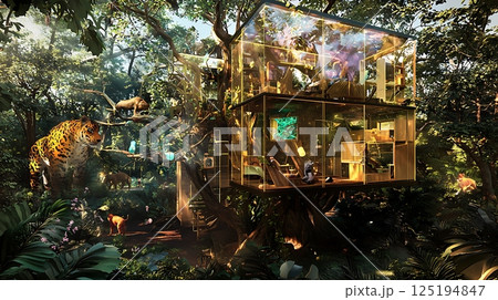 A jungle scene with a treehouse and a tiger 125194847