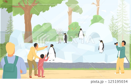 Visitors gather around an icy habitat to witness penguins waddling and swimming. A child eagerly points at the animals while adults take pictures, creating joyful memories Visitors gather around an icy habitat to witness penguins waddling and swimming. A child eagerly points at the animals while adults take pictures, creating joyful memories 125195034