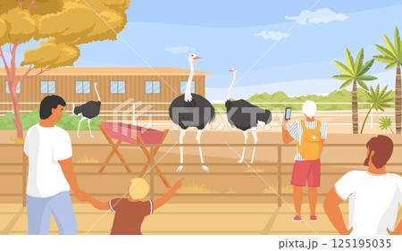 Families visit a farm to see live ostriches, engage with each other, and enjoy the cheerful atmosphere of the outdoors on a warm sunny day amidst colorful trees Families visit a farm to see live ostriches, engage with each other, and enjoy the cheerful atmosphere of the outdoors on a warm sunny day amidst colorful trees 125195035