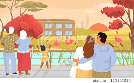 Families enjoy a picturesque sunset at a nature park while observing flamingos near the water. The scene captures moments of connection and wonder in a colorful landscape Families enjoy a picturesque sunset at a nature park while observing flamingos near the water. The scene captures moments of connection and wonder in a colorful landscape 125195036