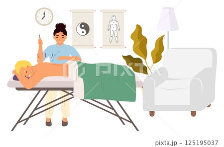 A wellness practitioner performs acupuncture on a patient lying on a treatment table in a calming studio. The environment features soothing decor and plants for relaxation A wellness practitioner performs acupuncture on a patient lying on a treatment table in a calming studio. The environment features soothing decor and plants for relaxation 125195037