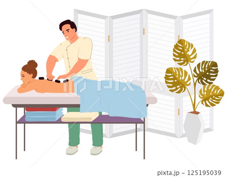 A skilled therapist applies hot stones on the back of a woman receiving a massage in a calm spa environment. Soft colors and indoor plants enhance the relaxing atmosphere A skilled therapist applies hot stones on the back of a woman receiving a massage in a calm spa environment. Soft colors and indoor plants enhance the relaxing atmosphere 125195039