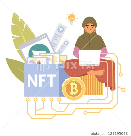 A person sits cross-legged in a cozy setting, using a laptop while surrounded by digital art tools and cryptocurrency symbols, illustrating the rise of NFTs and blockchain technology A person sits cross-legged in a cozy setting, using a laptop while surrounded by digital art tools and cryptocurrency symbols, illustrating the rise of NFTs and blockchain technology 125195058
