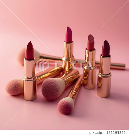 Luxury lipsticks and soft makeup brushes in a pink and gold aesthetic, emphasizing elegance and feminine charm 125195223
