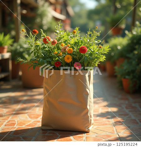 Bright garden flowers in a beige fabric bag, placed outdoors on a sunny day, eco-friendly gardening. 125195224