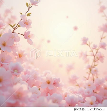 Soft pink cherry blossoms in full bloom against a warm pastel background, evoking serenity and the essence of spring. 125195225