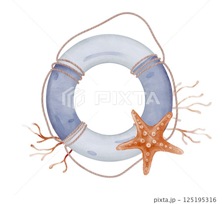Watercolor illustration sea lifebuoy light blue and white safeties ring with rope. Hand drawn composition with marine rescue equipment and Seaweed, star, seashell, isolated on background. Watercolor illustration sea lifebuoy light blue and white safeties ring with rope. Hand drawn composition with marine rescue equipment and Seaweed, star, seashell, isolated on background. 125195316