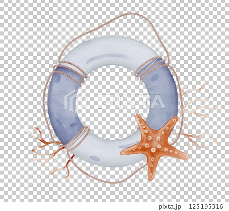 Watercolor illustration sea lifebuoy light blue and white safeties ring with rope. Hand drawn composition with marine rescue equipment and Seaweed, star, seashell, isolated on background. Watercolor illustration sea lifebuoy light blue and white safeties ring with rope. Hand drawn composition with marine rescue equipment and Seaweed, star, seashell, isolated on background. 125195316