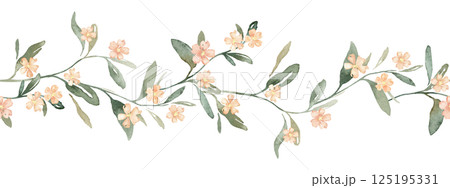 Sweet coral color flowers and green leaves watercolor seamless border on white background. Soft pastel colors water color for beauty products or other. Hand drawn illustration on isolated background. 125195331