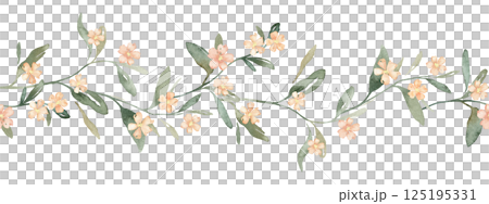 Sweet coral color flowers and green leaves watercolor seamless border on white background. Soft pastel colors water color for beauty products or other. Hand drawn illustration on isolated background. Sweet coral color flowers and green leaves watercolor seamless border on white background. Soft pastel colors water color for beauty products or other. Hand drawn illustration on isolated background. 125195331