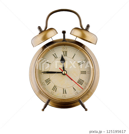alarm clock, vintage clock with time 11 hours 45 minutes, a.m. 11:45, p.m. 11:45, on isolated white background 125195617
