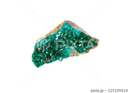 Dioptase silicate copper mineral stone on a white background 125195619