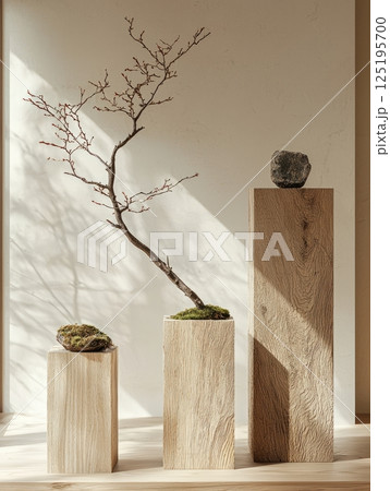 Zen botanical indoor display with wooden pedestal 125195700