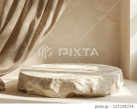 Natural stone podium with beige curtain and soft shadows 125195724