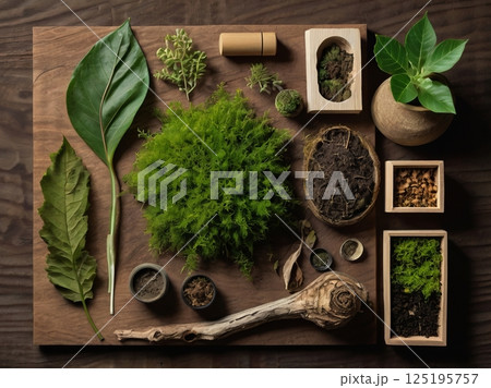 Natural Elements on Rustic Wooden Background 125195757