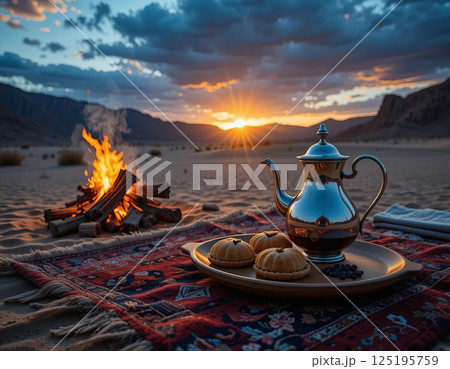 Desert campfire with a traditional teapot at sunset. 125195759