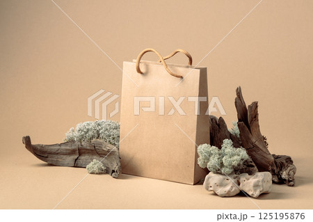 Paper bag and natural dry snags and moss. Paper bag and natural dry snags and moss. 125195876