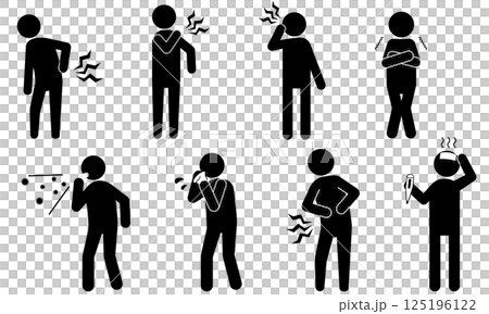 体調不良や痛みを表現するシンプルな人型アイコンセット 体調不良や痛みを表現するシンプルな人型アイコンセット 125196122