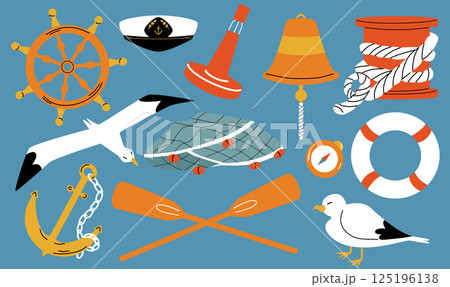 Nautical hand drawn elements.  Marine set. Life buoy, steering wheel, anchor, fishing net and seagull 125196138