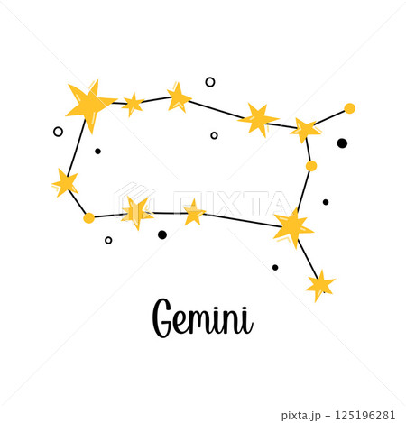 Gemini Zodiac constellation. Vector isolated astrological sign, symbol, element. Constellation scheme with cute stars and doodles. Simple design of clipart illustrations 125196281