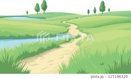Vsai winding path through green meadow with river and trees 125196320