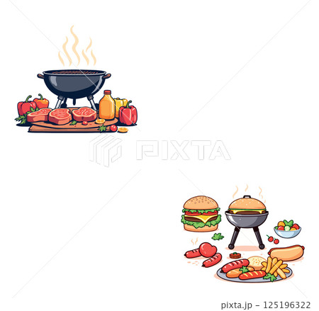 Vsai grilling steaks and burgers with vegetables and condiments for summer barbecue 125196322